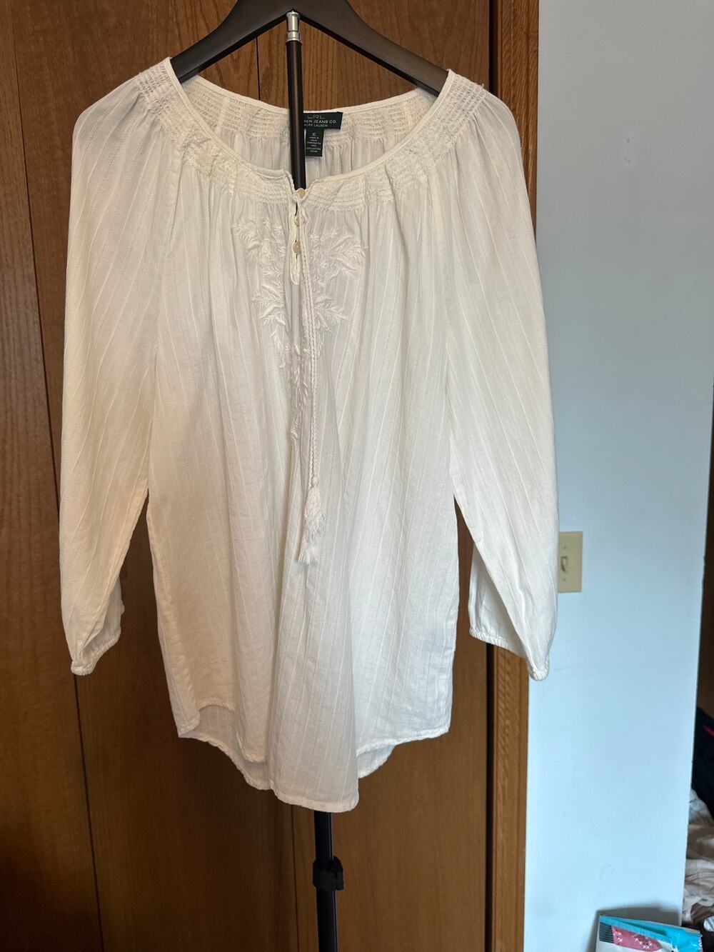 Lauren Jeans Co Ralph Lauren White Embroidered Cotton Peasant Blouse XL EUC